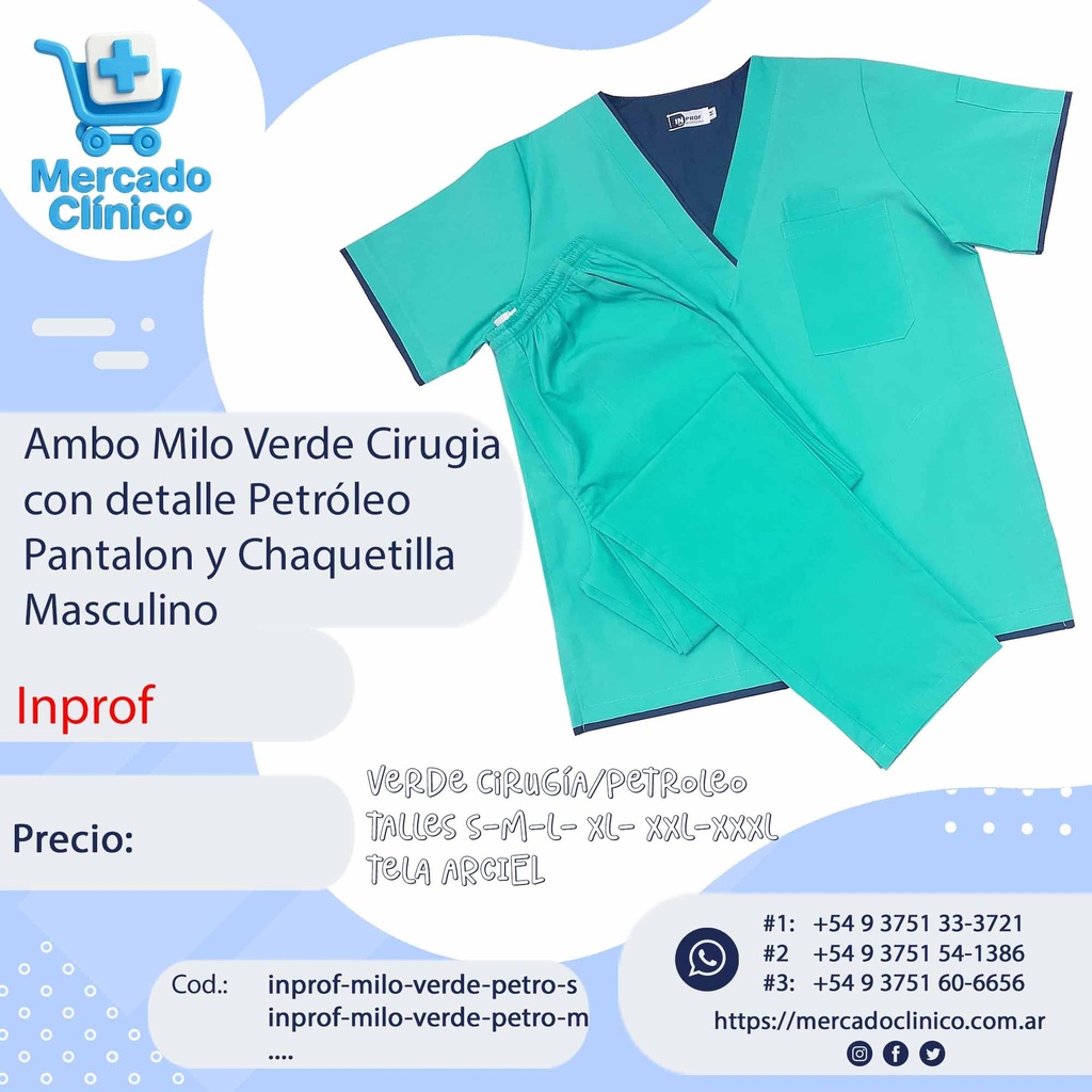 Ambo Milo Verde Cirugia con detalle Petróleo Pantalon y Chaquetilla  Masculino - Inprof