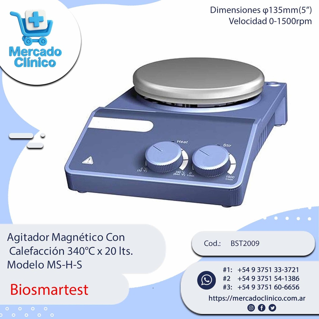 Agitador Magnético Con  Calefacción 340°C x 20 lts.  Modelo MS-H-S - Biosmartest
