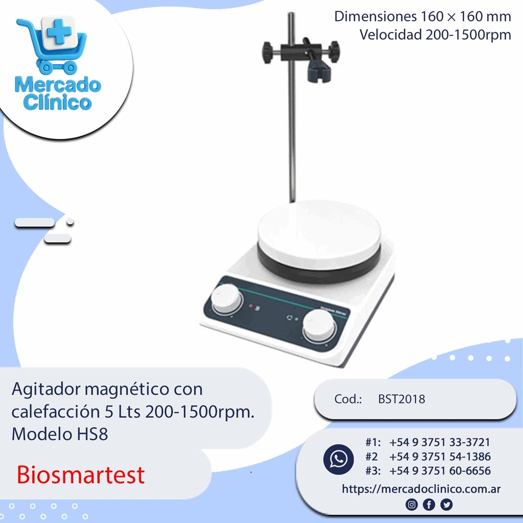 Agitador magnético con calefacción 5 Lts 200-1500rpm. Modelo HS8. - Biosmartest