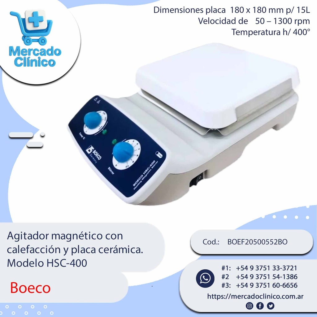 Agitador magnético con  calefacción y placa cerámica.  Modelo HSC-400 - Boeco
