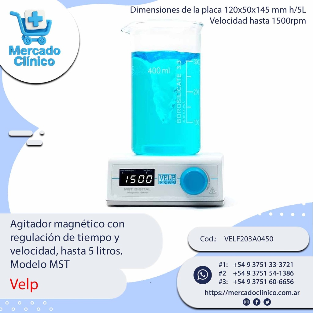 Agitador magnético con  regulación de tiempo y  velocidad, hasta 5 litros.  Modelo MST - Velp