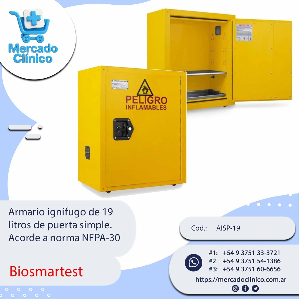 Armario ignífugo de 19  litros de puerta simple.  Acorde a norma NFPA-30 - Biosmartest