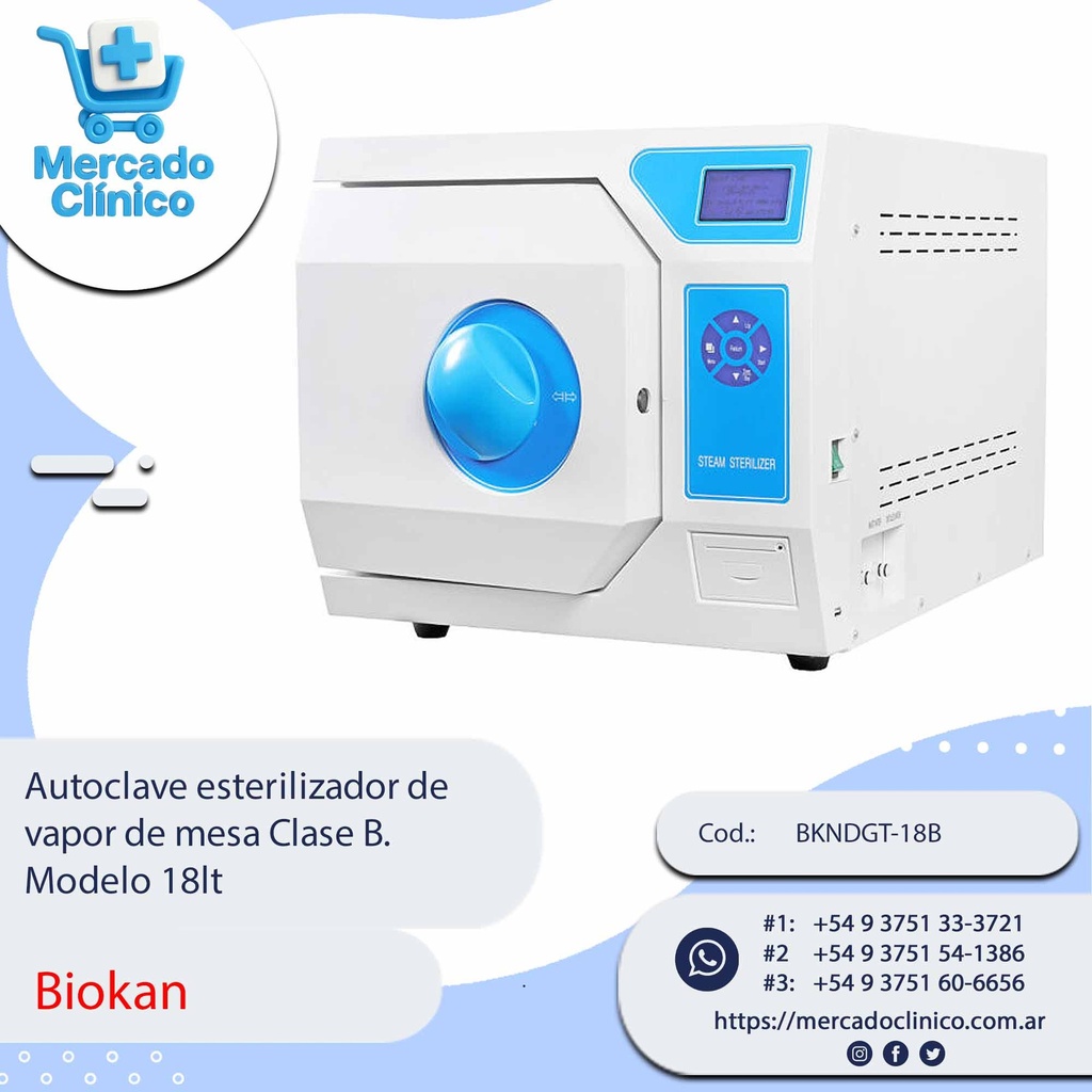 Autoclave esterilizador de  vapor de mesa Clase B.  Modelo 18lt - Biokan