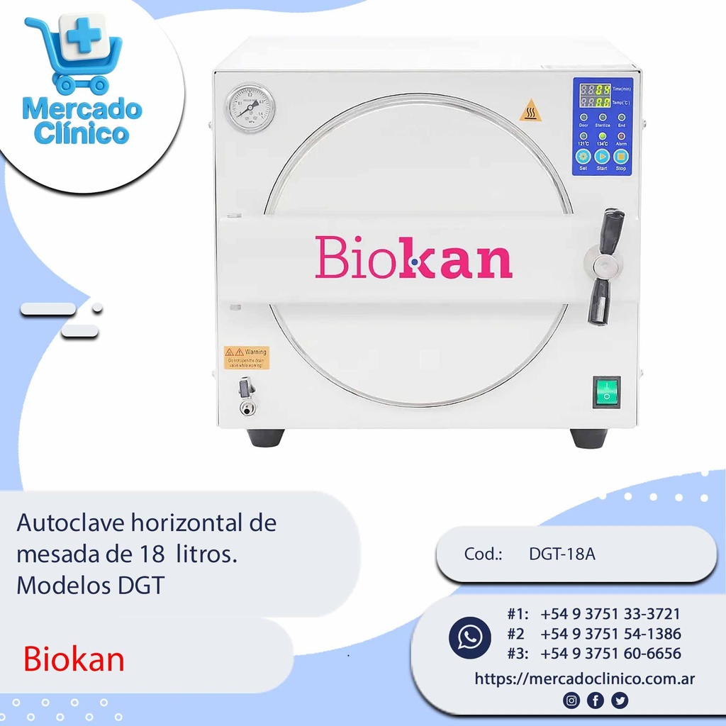 Autoclave horizontal de  mesada de 18  litros.  Modelos DGT - Biokan