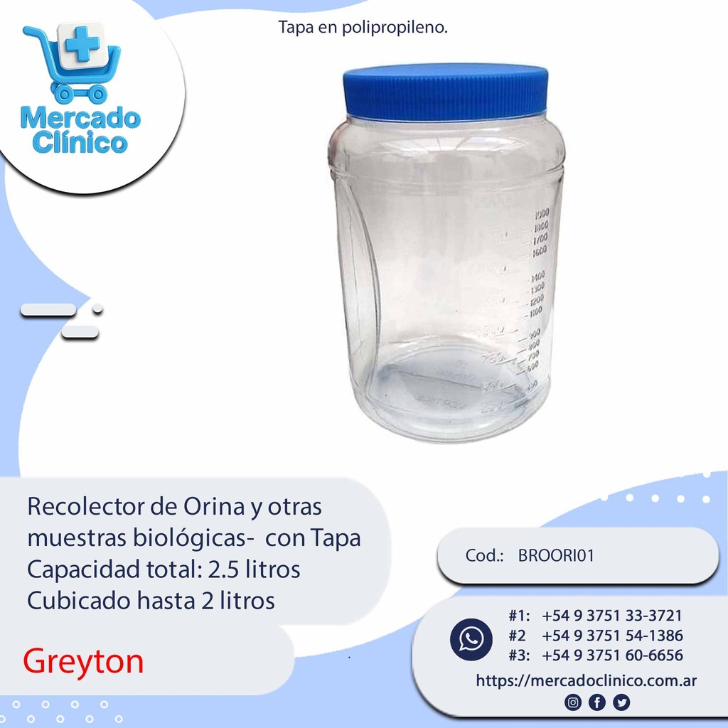 Recolector de Orina y otras  muestras biológicas-  con Tapa Capacidad total: 2.5 litros Cubicado hasta 2 litros - X unidad - Greyton
