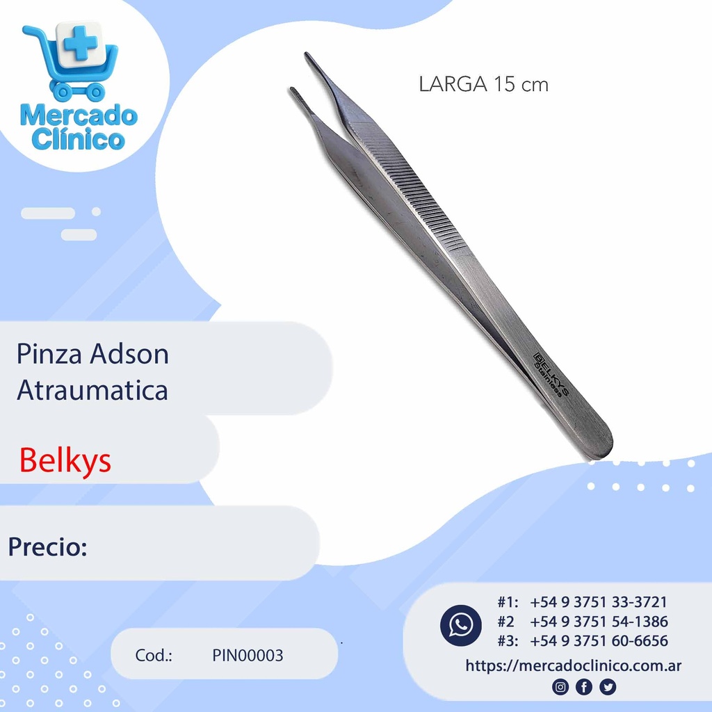 Pinza Adson larga 15cm - Atraumática - Belkys