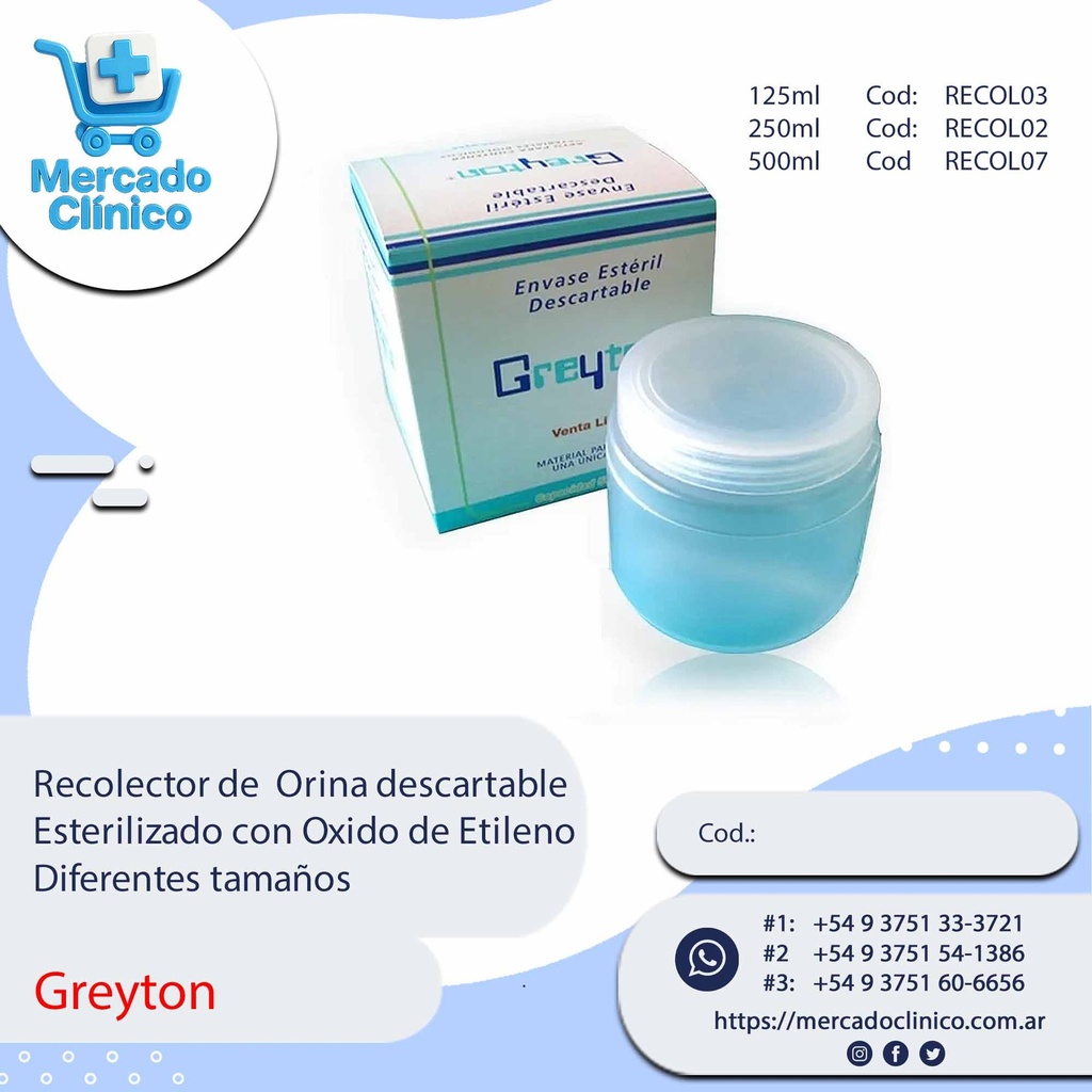 Recolector de  Orina descartable Esterilizado con Oxido de Etileno Diferentes tamaños - X unidad - Greyton