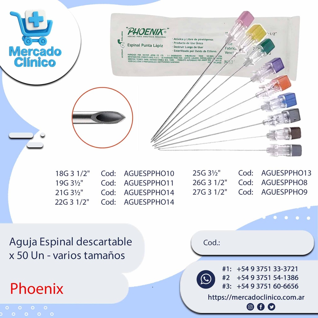 Aguja Espinal descartable x 50 Un - varios tamaños - Phoenix