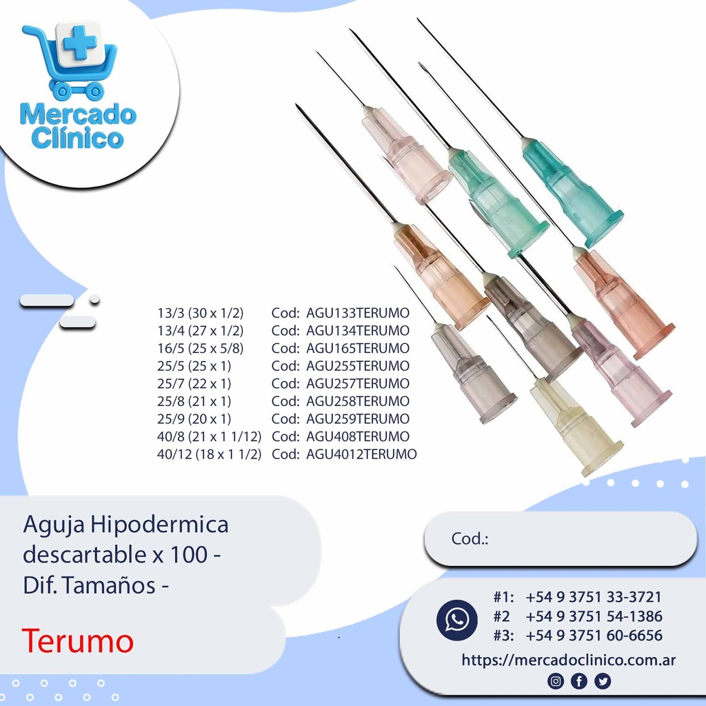 Aguja Hipodermica descartable x 100 Unidades - Dif. Tamaños - Terumo