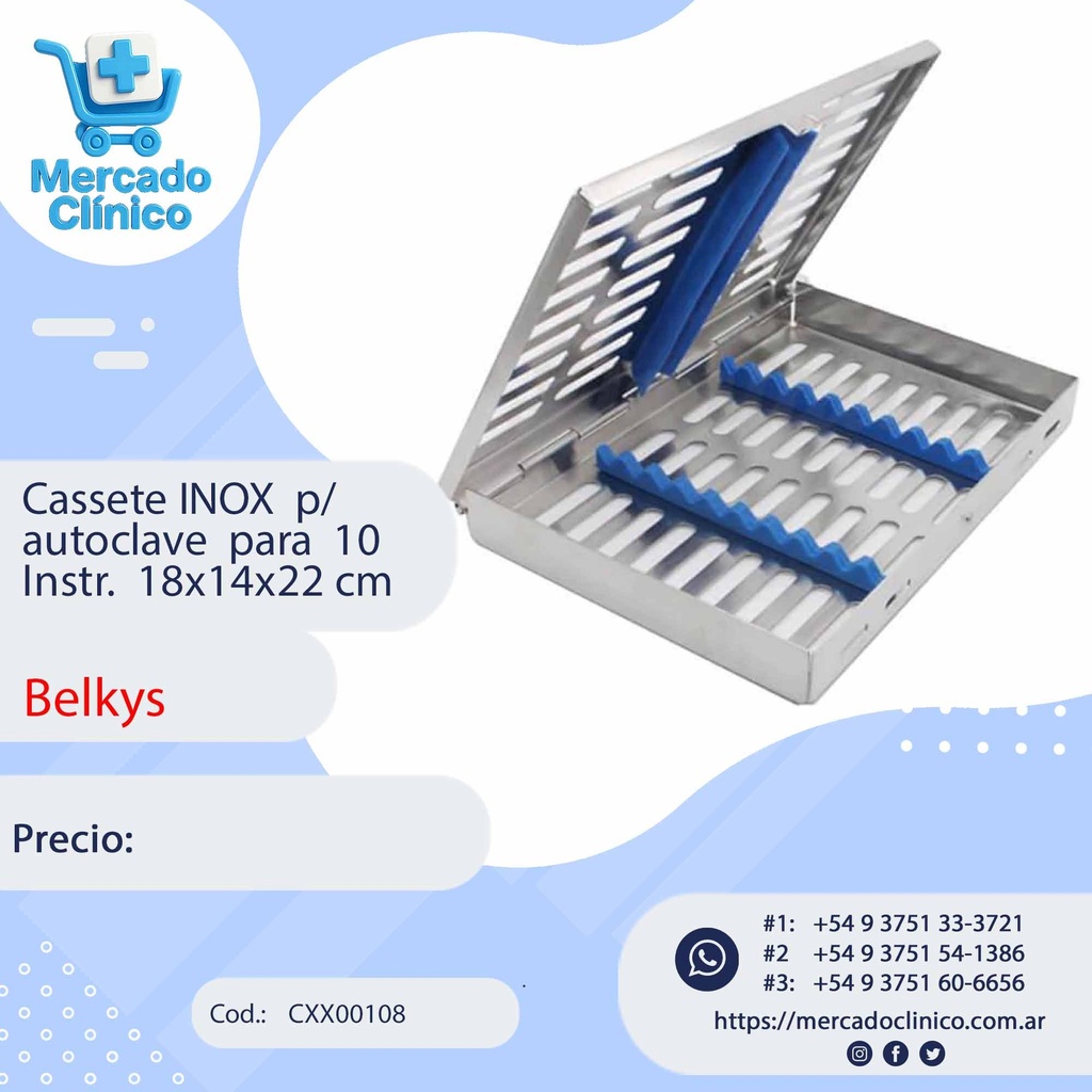 Cassette inoxidable para autoclave Medidas: 18 x 14 x 2.2 cm PARA 10 INSTRUMENTOS - BELKYS