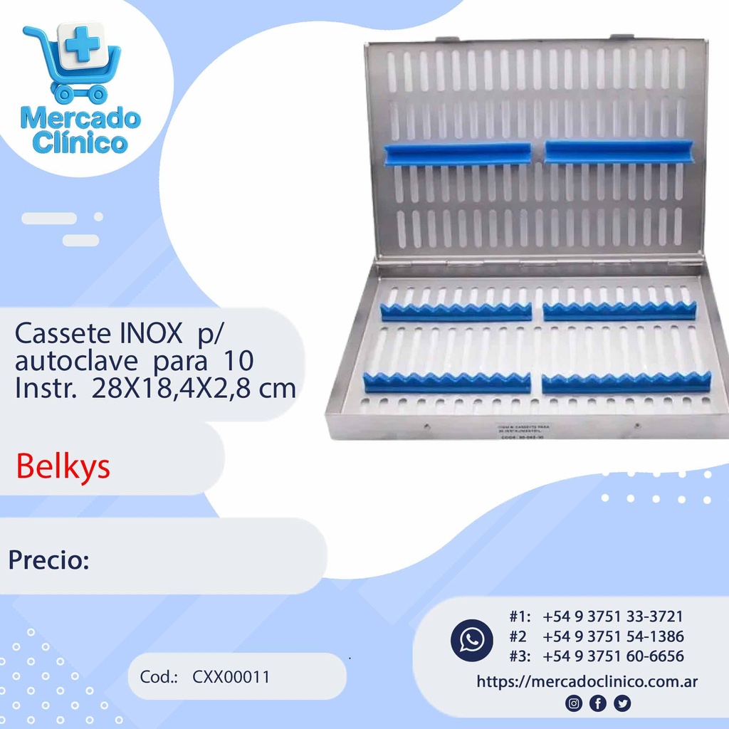 Cassette inoxidable para autoclave Medidas: 28 x 18,4 x 2.8 cm PARA 20 INSTRUMENTOS - BELKYS