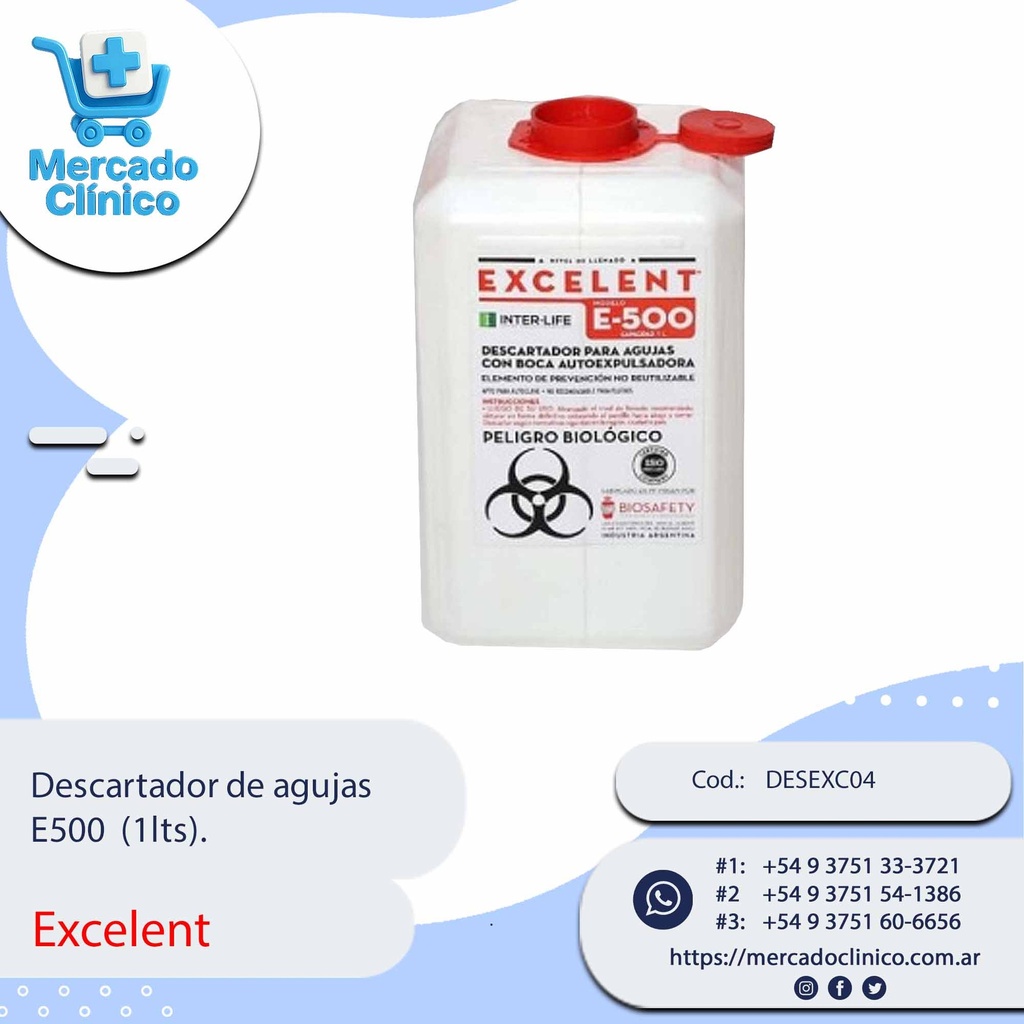 Descartador de agujas  E500  (1 lts). - X Unidad - Excelent