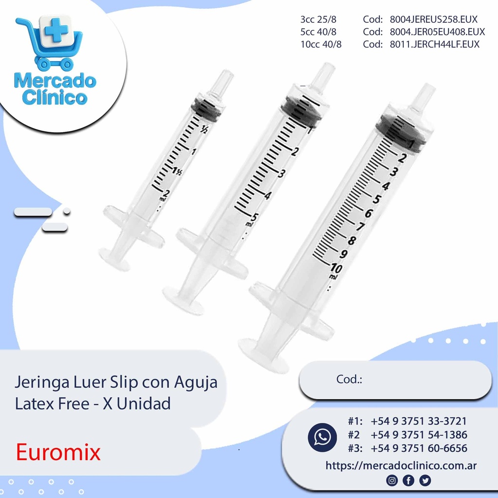 Jeringa Luer Slip con Aguja   Latex Free - X Unidad - Euromix