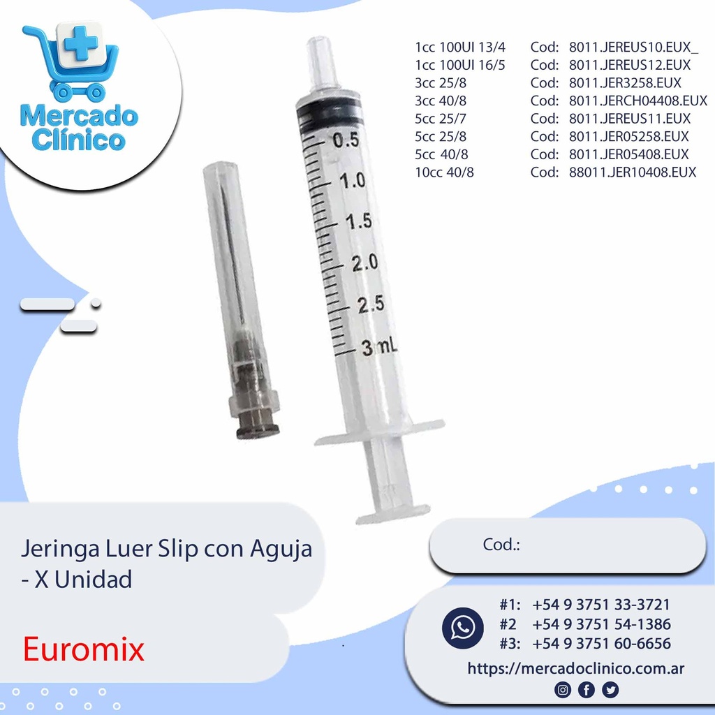 Jeringa Luer Slip con Aguja - X Unidad - Euromix