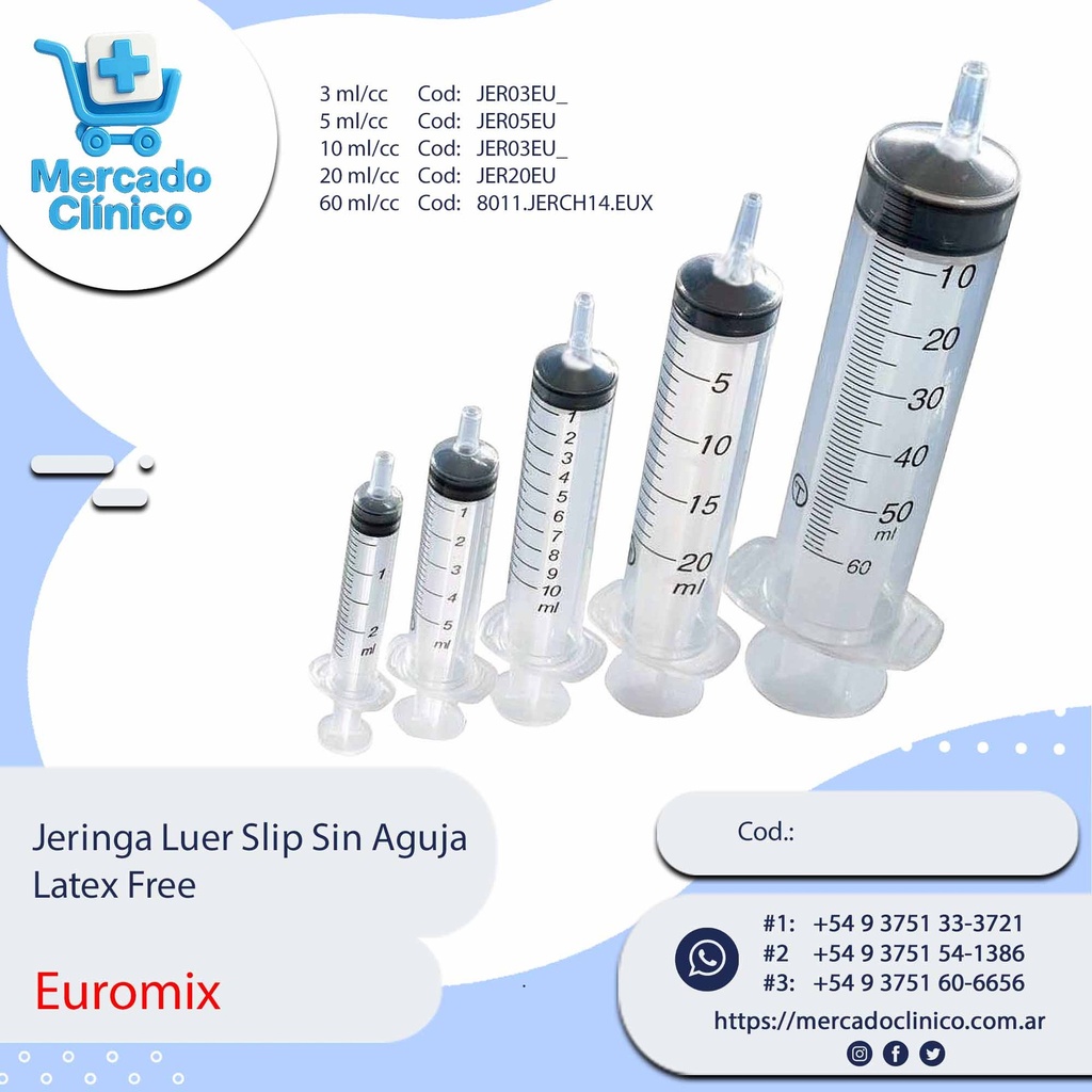 Jeringa Luer Slip Sin Aguja  Latex Free - Euromix