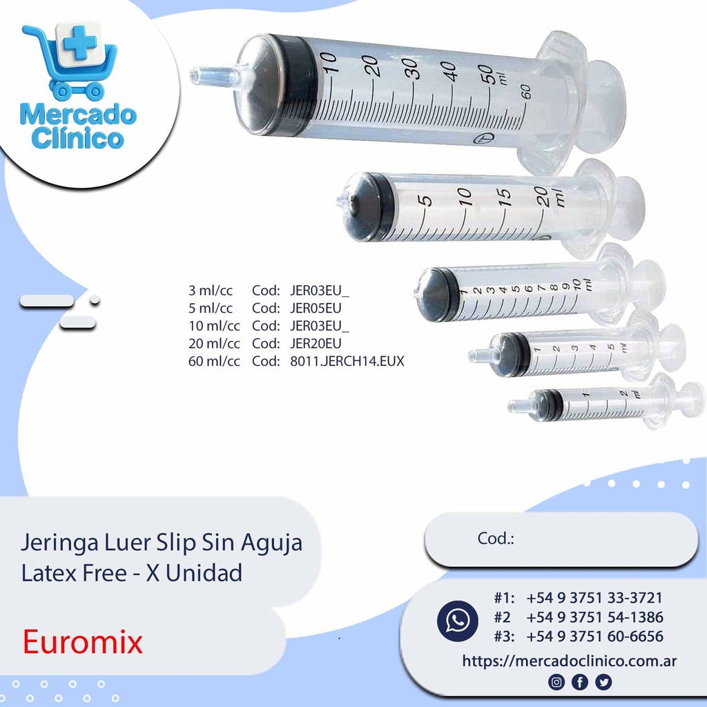 Jeringa Luer Slip Sin Aguja  Latex Free X 1 unidad- Euromix
