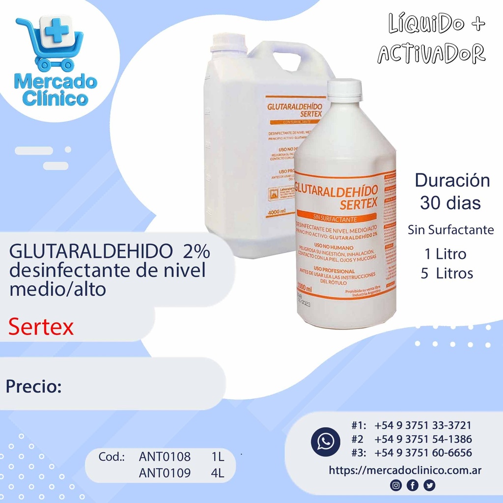 GLUTARALDEHIDO 2% s/surfac - desinf. 30 DIAS (medio/alto) X 1 L - SERTEX