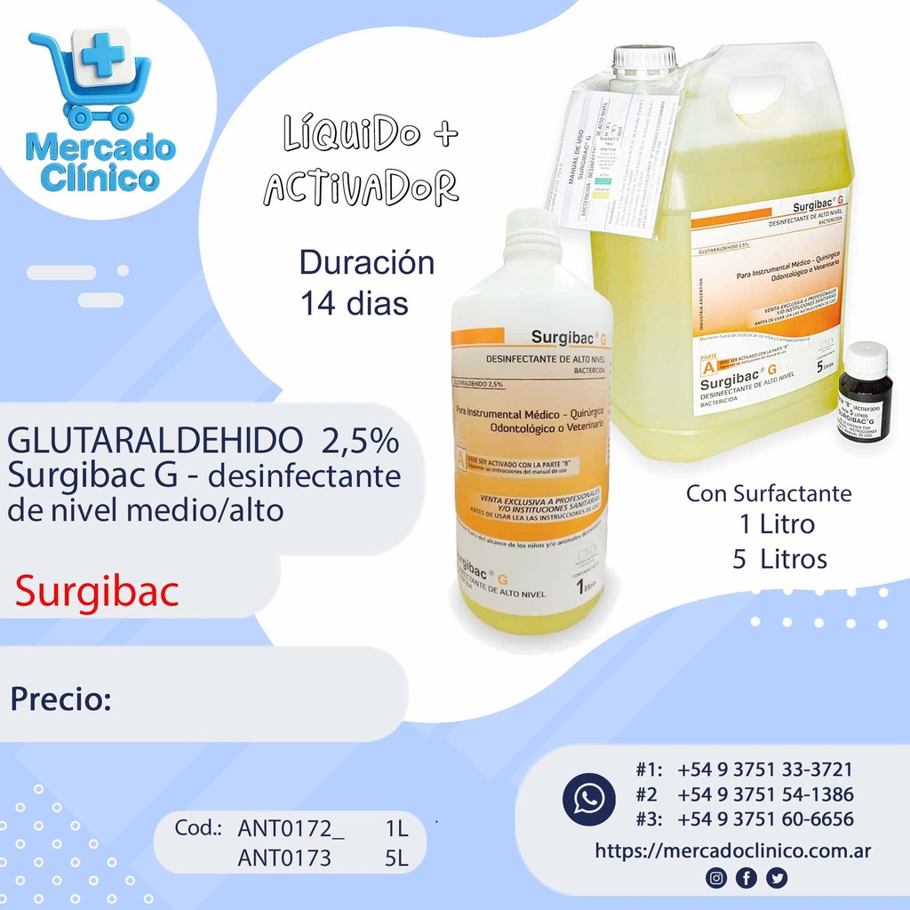 GLUTARALDEHIDO  2,5% Surgibac G - desinfectante  de nivel medio/alto - Surgibac