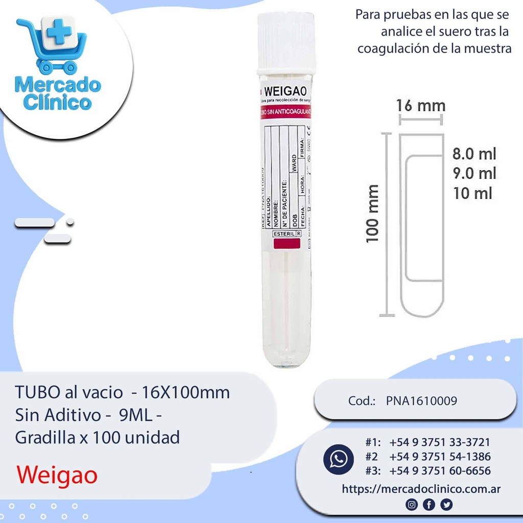 TUBO al vacio  - 16X100 - Sin Aditivo -  9ML. Gradilla x 100 unidades - Weigao