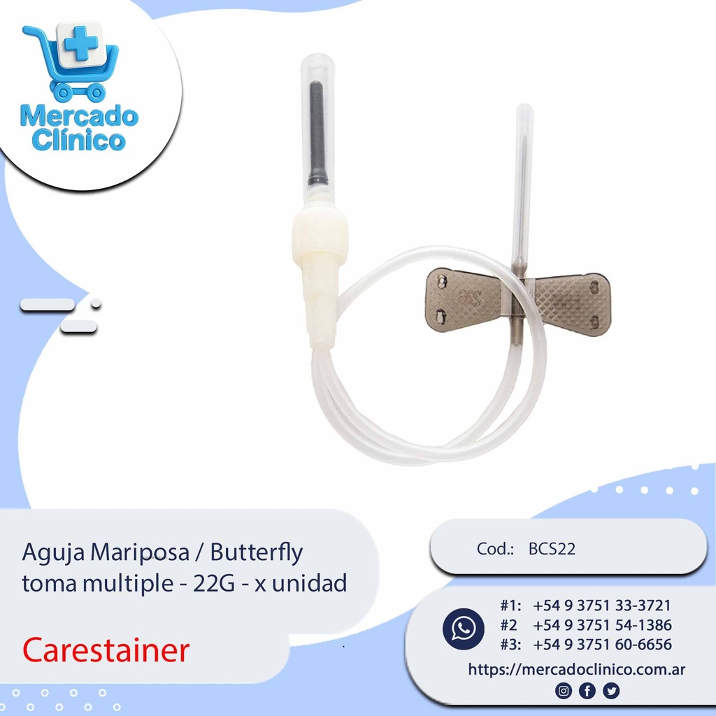 Aguja Mariposa / Butterfly  toma multiple - 22G - x unidad - Carestainer