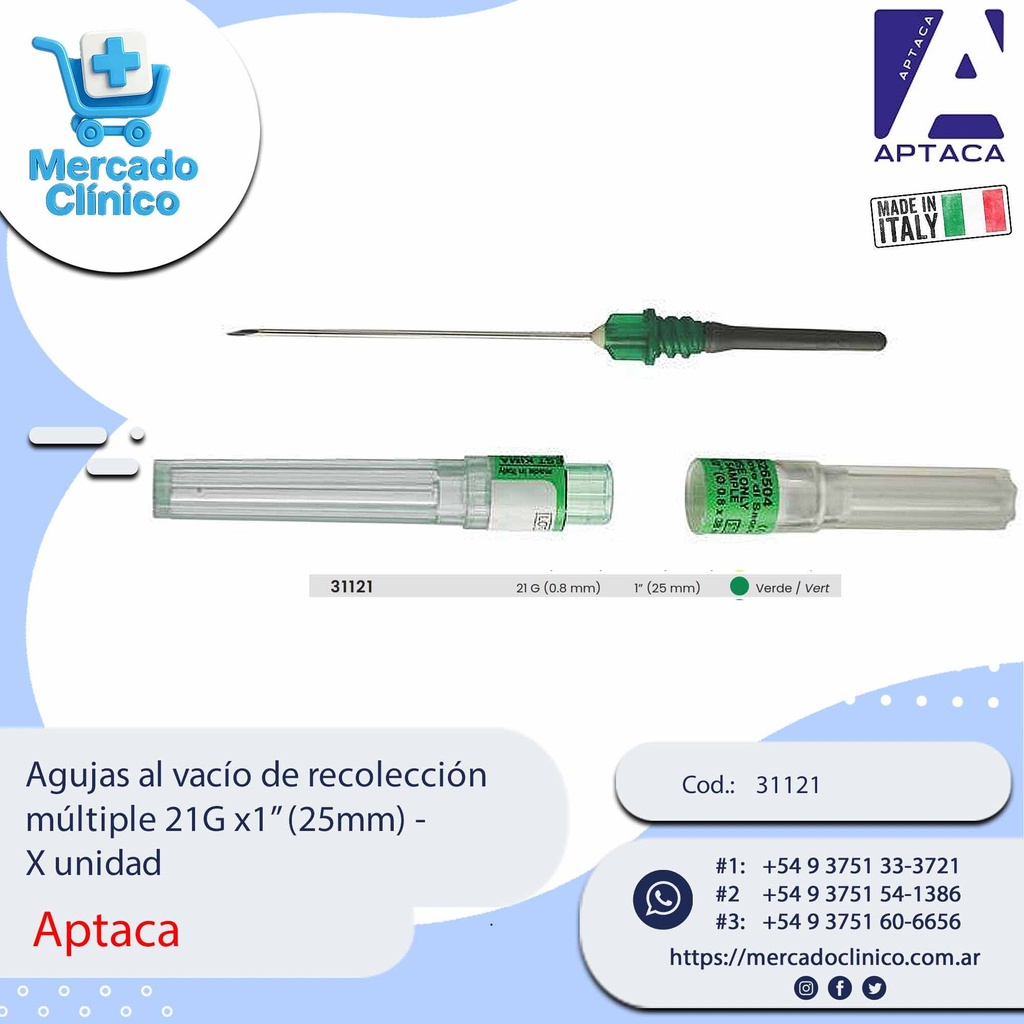Agujas al vacío de recolección múltiple 21G x1” (25mm) - X unidad - Aptaca