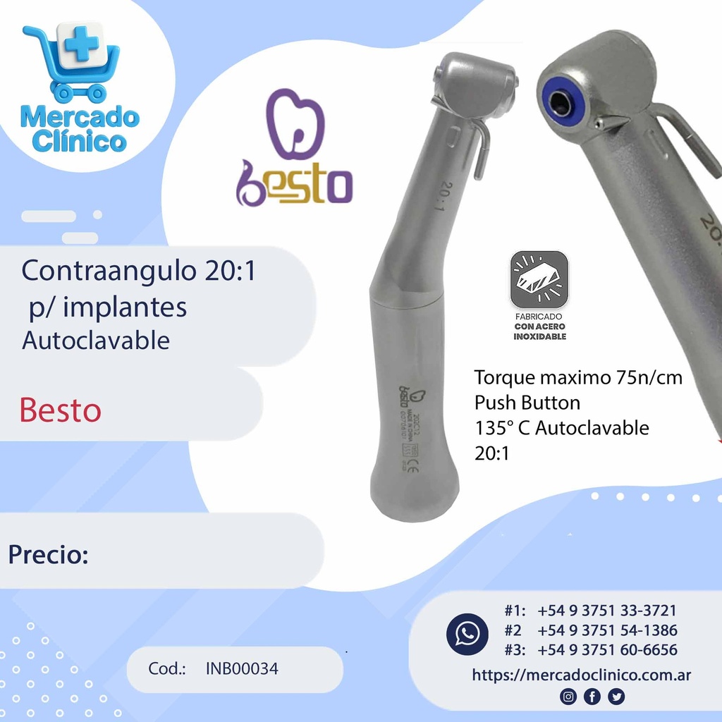 Contraangulo 20:1 - p/ implantes Autoclavable - Besto