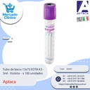 Tubo de Vacio 13x75 EDTA K3 - 3ml - Violeta - Gradilla x 100 unidades - Aptaca