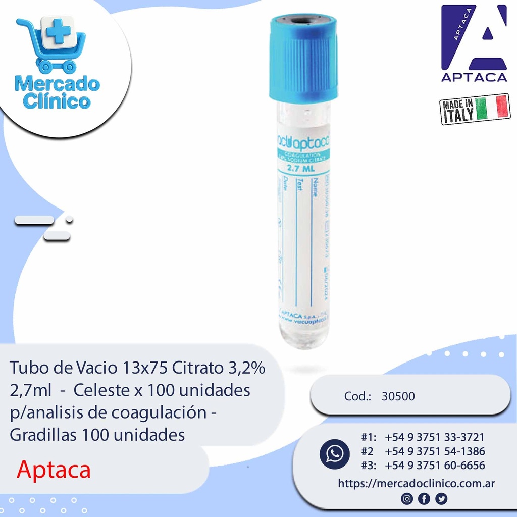 Tubo de Vacio 13x75 Citrato 3,2% 2,7ml  -  Celeste x 100 unidades p/analisis de coagulación - Aptaca