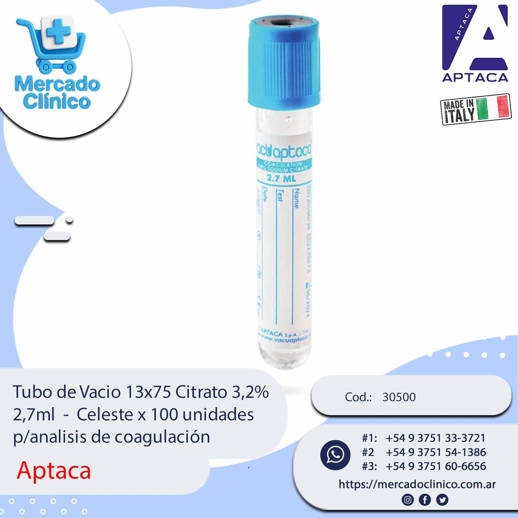 Tubo de Vacio 13x75 Citrato 3,2% 2,7ml  -  Celeste x 100 unidades p/analisis de coagulación - Aptaca
