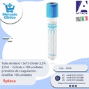 Tubo de Vacio 13x75 Citrato 3,2% 2,7ml  -  Celeste x 100 unidades p/analisis de coagulación - Aptaca