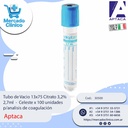 Tubo de Vacio 13x75 Citrato 3,2% 2,7ml  -  Celeste x 100 unidades p/analisis de coagulación - Aptaca