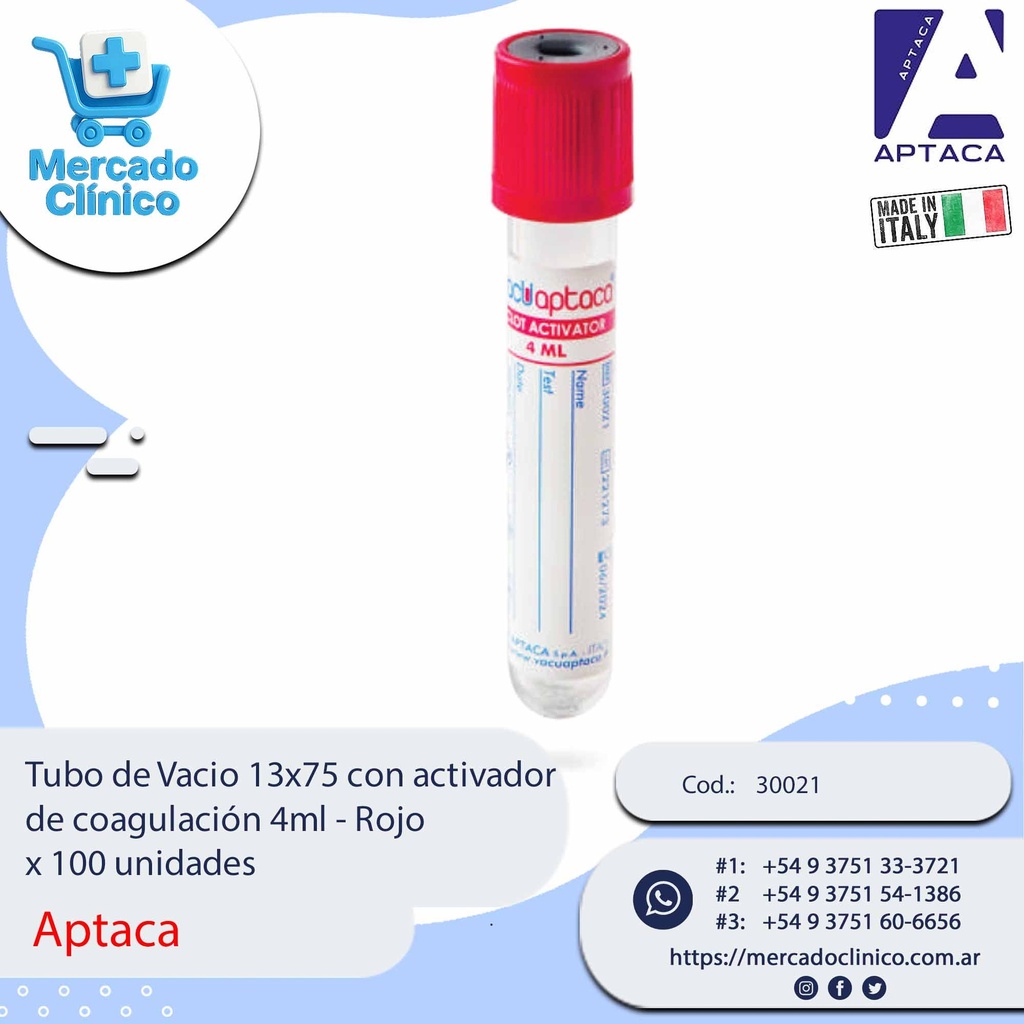 Tubo de Vacio 13x75 con activador de coagulación 4ml - Rojo x 100 unidades - Aptaca
