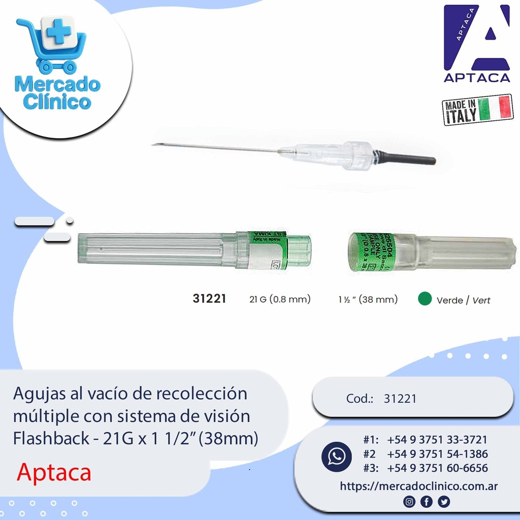 Agujas al vacío de recolección múltiple con sistema de visión Flashback - 21G x 1 1/2” (38mm) - Aptaca