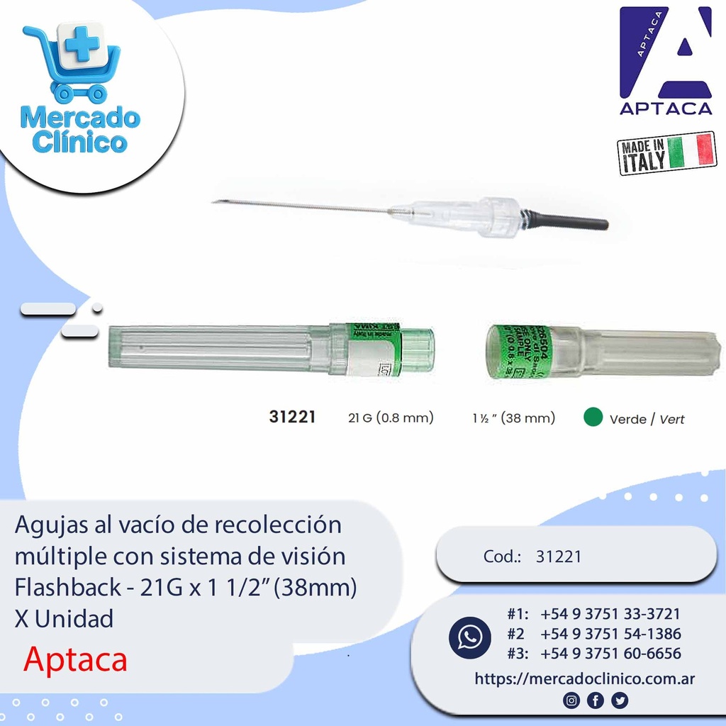 Agujas al vacío de recolección múltiple con sistema de visión Flashback - 21G x 1 1/2” (38mm) - X unidad - Aptaca