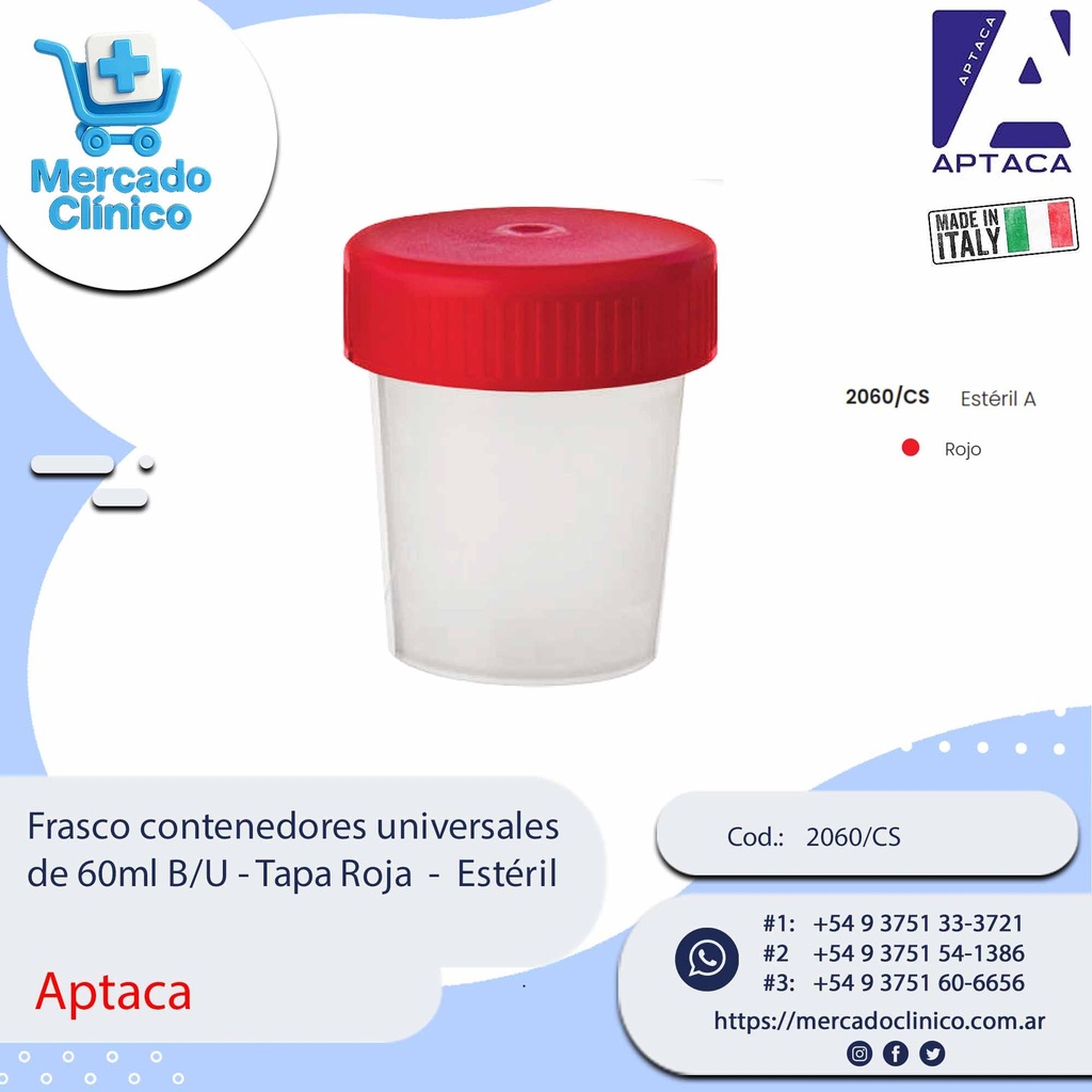 Frasco contenedores universale de 60ml B/U - Tapa Roja - Estéril - Aptaca