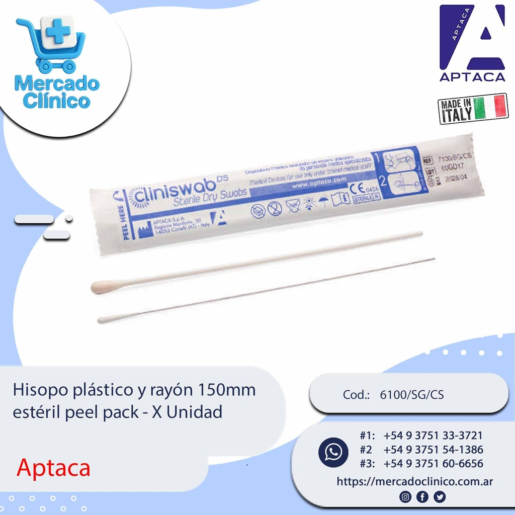 Hisopo plástico y rayón 150mm estéril peel pack - X unidad - Aptaca