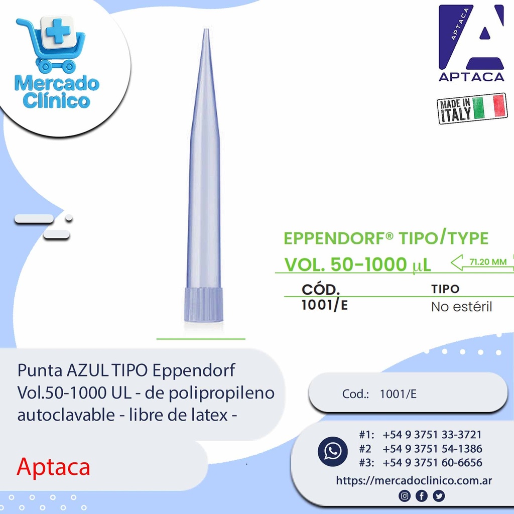 Punta AZUL TIPO Eppendorf  Vol.50-1000 UL - de polipropileno autoclavable - libre de latex - Aptaca