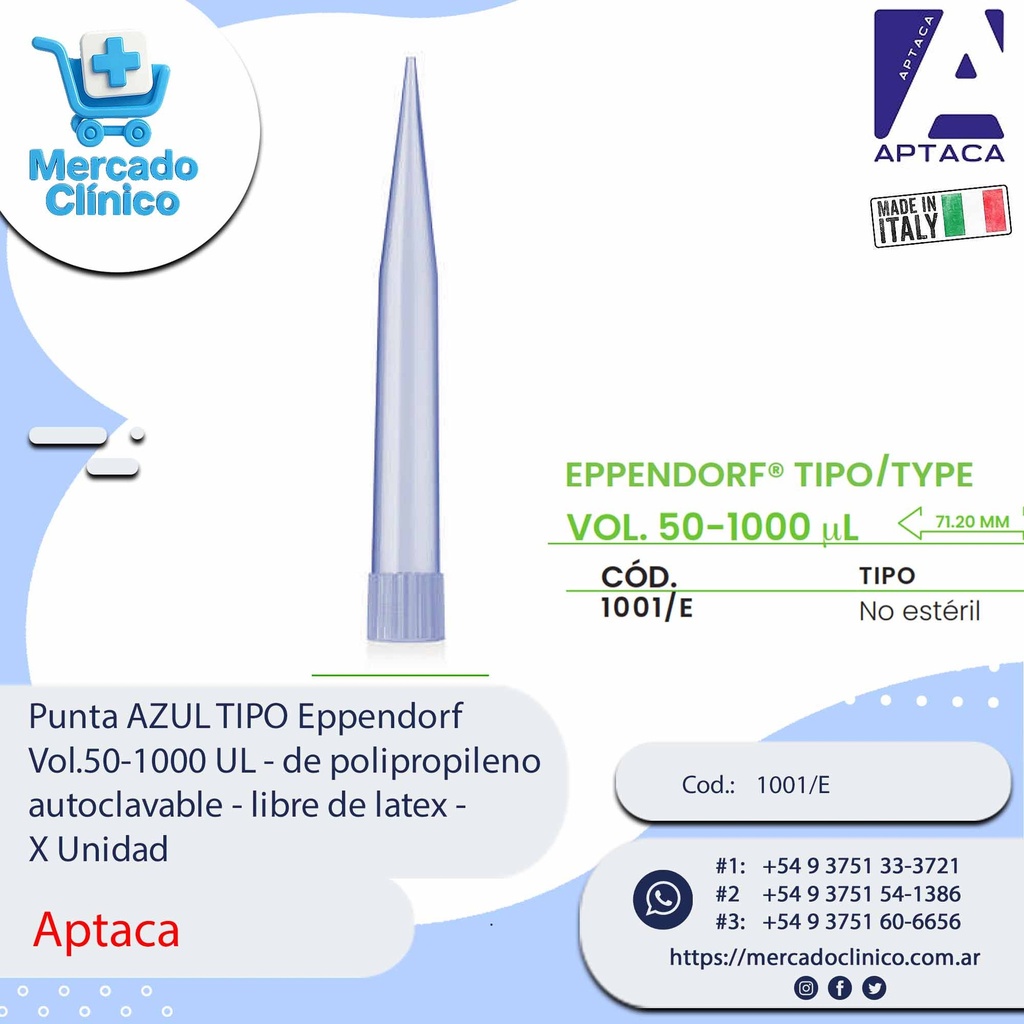 Punta AZUL TIPO Eppendorf  Vol.50-1000 UL - de polipropileno autoclavable - libre de latex - X unidad - Aptaca