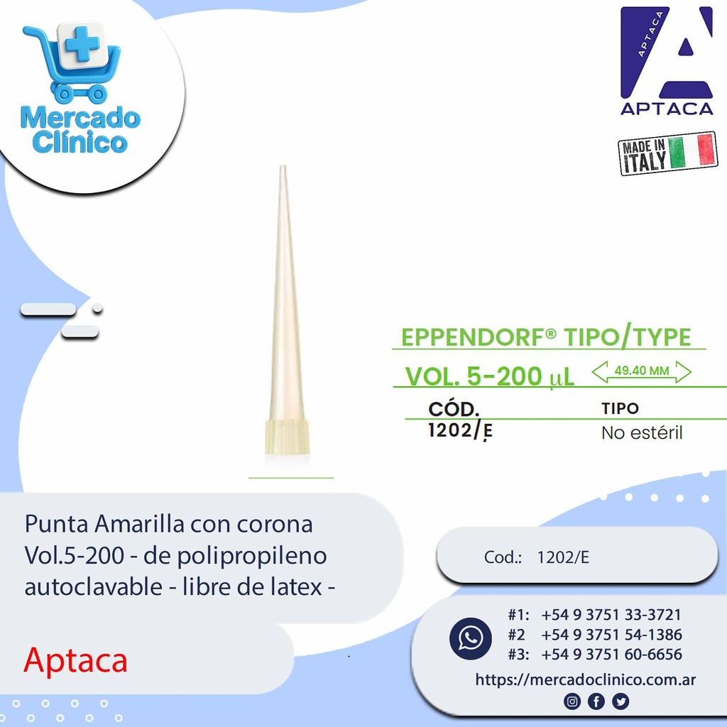 Punta Amarilla con corona  Vol.5-200 - de polipropileno autoclavable - libre de latex - Aptaca