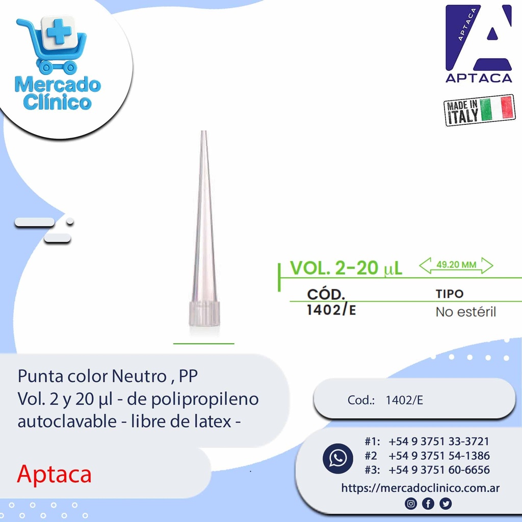 Punta color Neutro , PP Vol. 2 y 20 µl - de polipropileno autoclavable - libre de latex - Aptaca