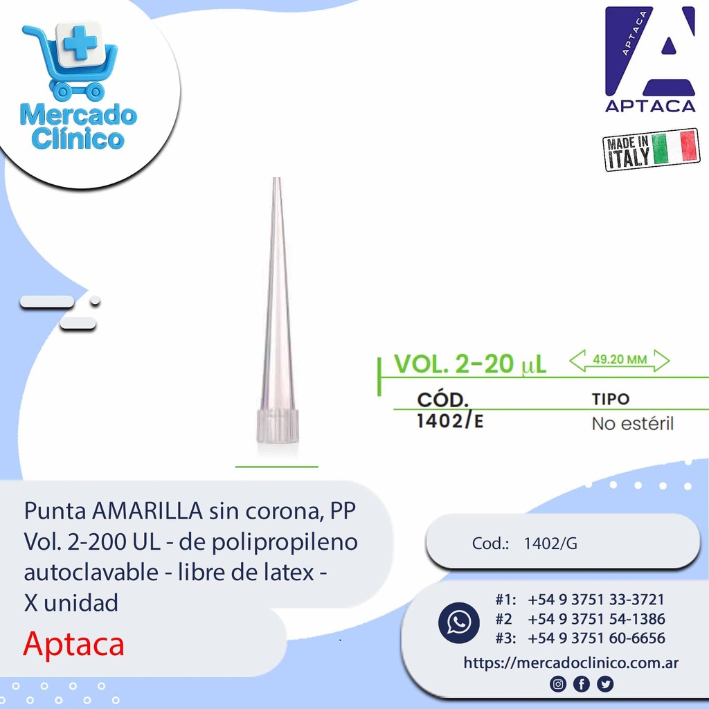 Punta color Neutro , PP Vol. 2 y 20 µl - de polipropileno autoclavable - libre de latex - X Unidad - Aptaca