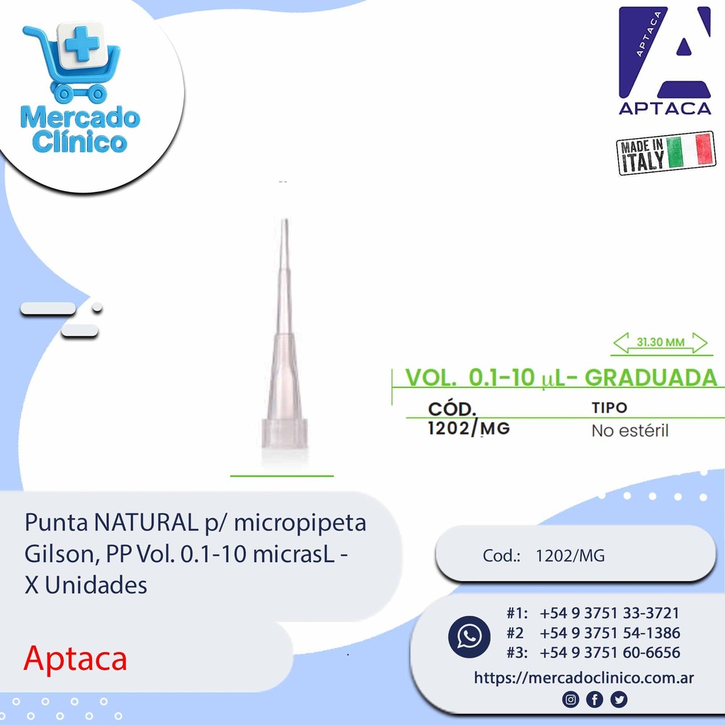 Punta NATURAL p/ micropipeta Gilson, PP Vol. 0.1-10 micrasL - X Unidades - Aptaca