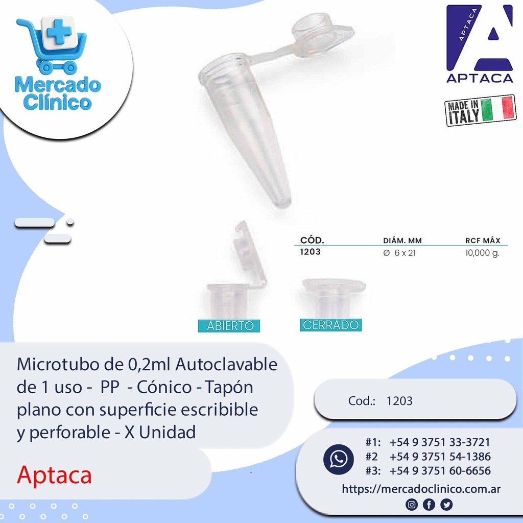 Microtubo de 0,2ml Autoclavable  de 1 uso -  PP  - Cónico - Tapón plano con superficie escribible y perforable - X Unidad - Aptaca