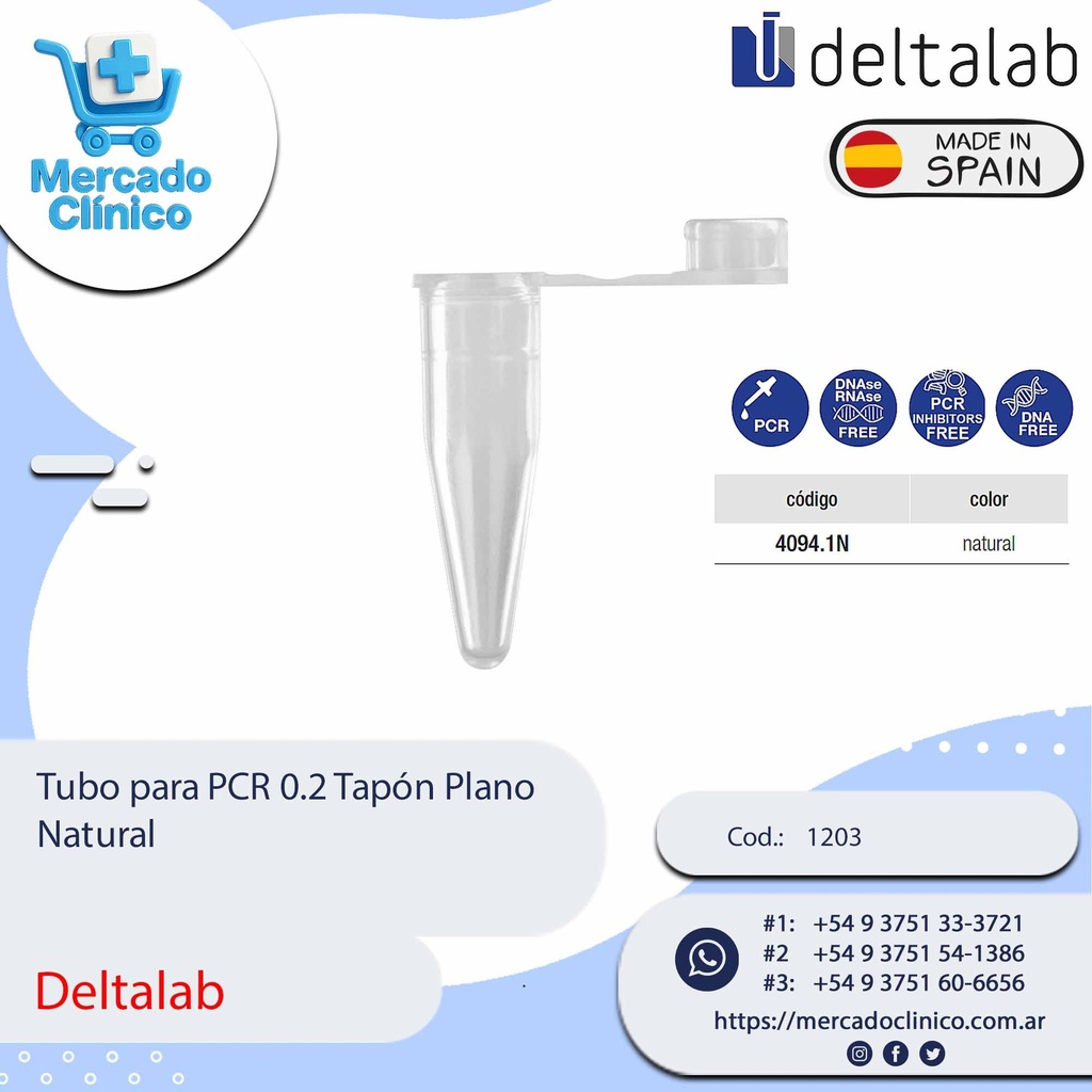 Microtubo para PCR 0.2 Tapón Plano Natural - Deltalab