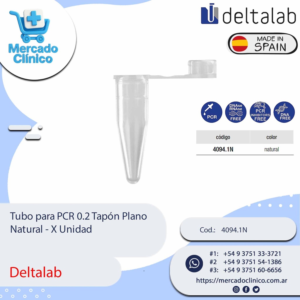 Microtubo para PCR 0.2 Tapón Plano Natural - X unidad - Deltalab