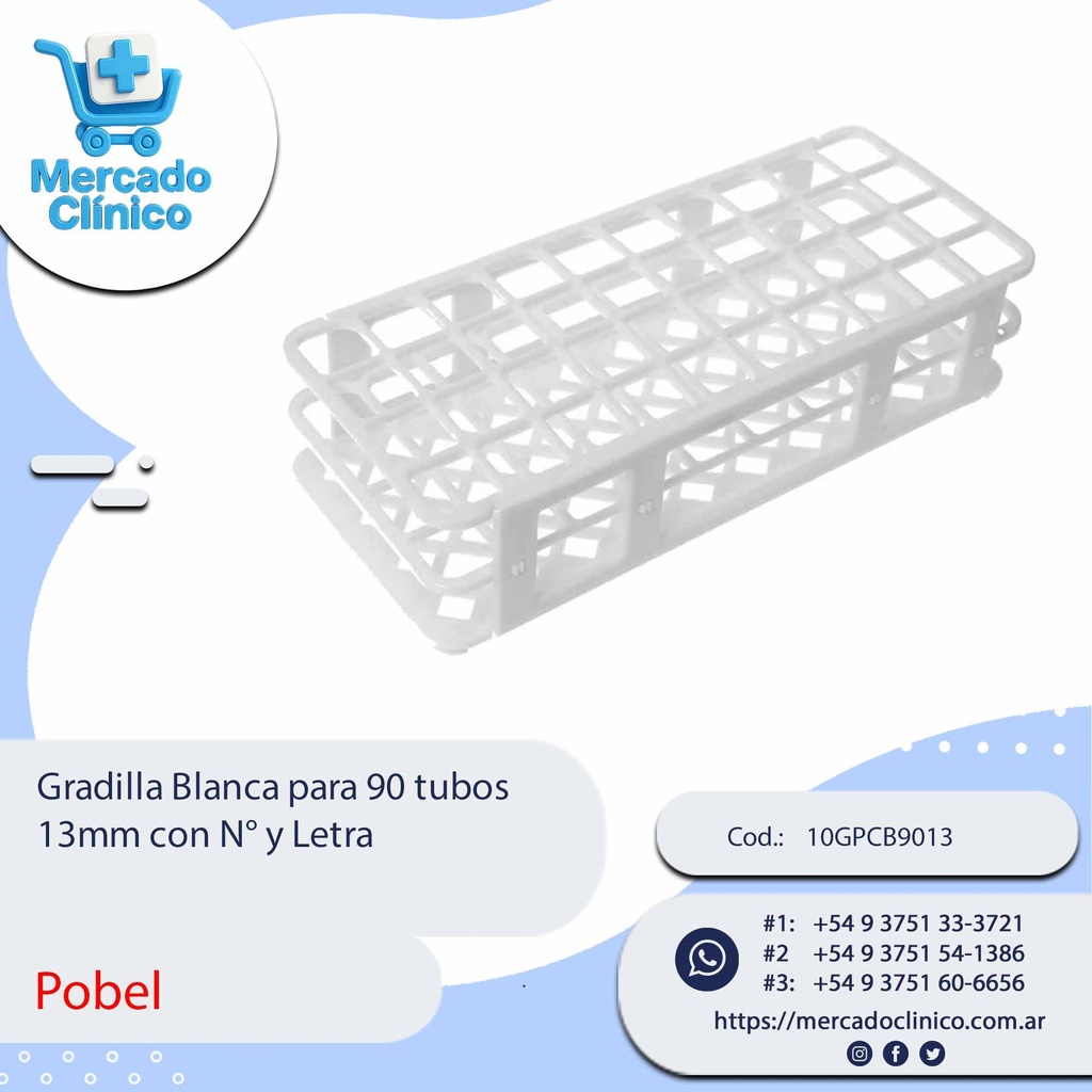 Gradilla Blanca para 90 tubos 13mm con N° y Letra - Aptaca