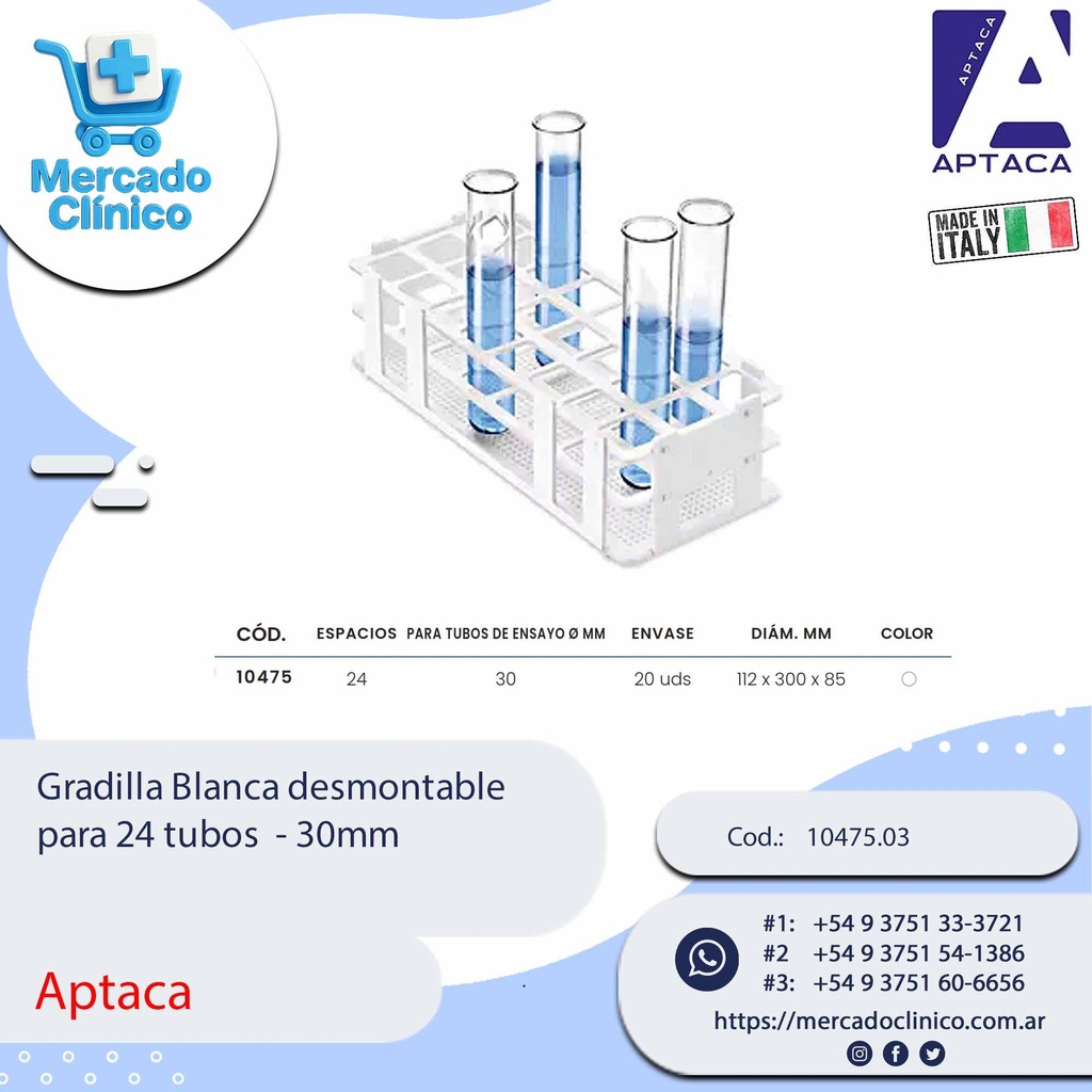 Gradilla Blanca desmontable para 24 tubos - 30mm - Aptaca
