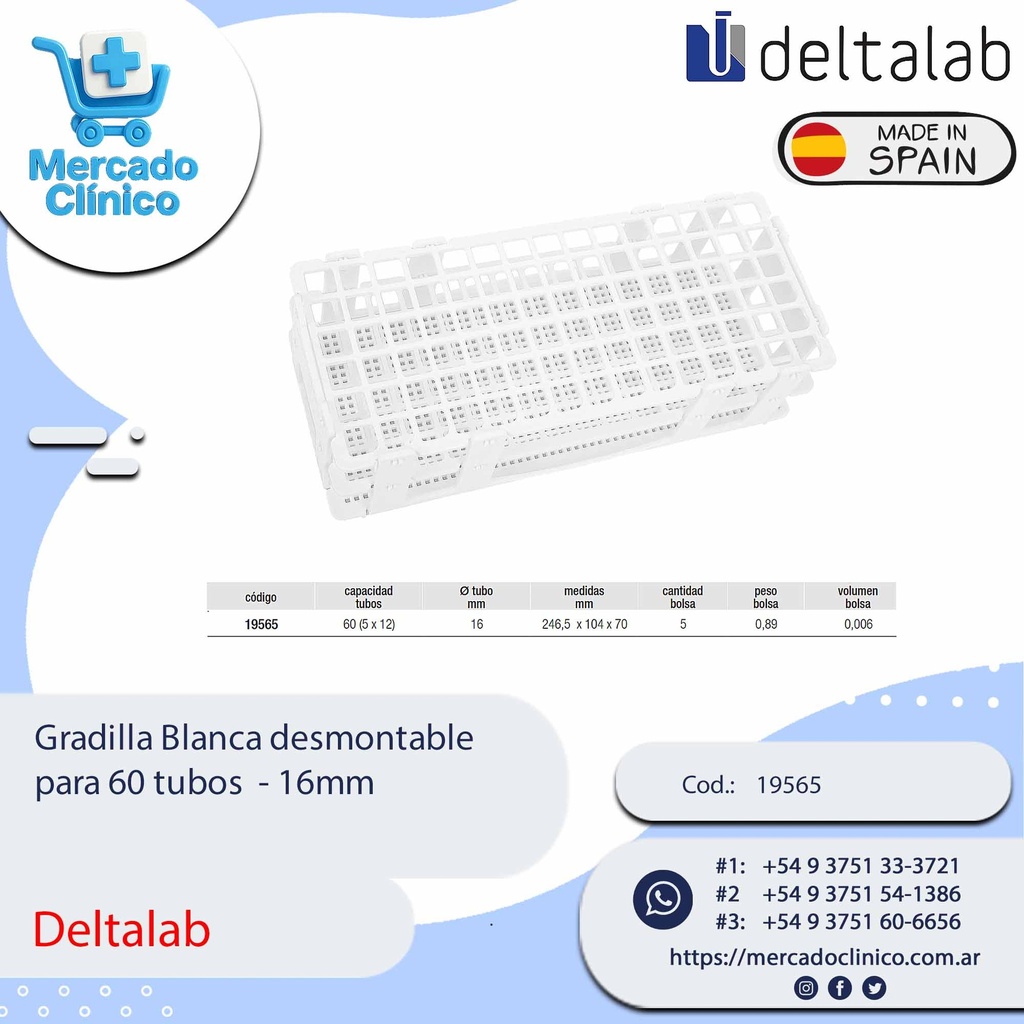 Gradilla Blanca desmontable  para 60 tubos  - 16mm - Deltalab