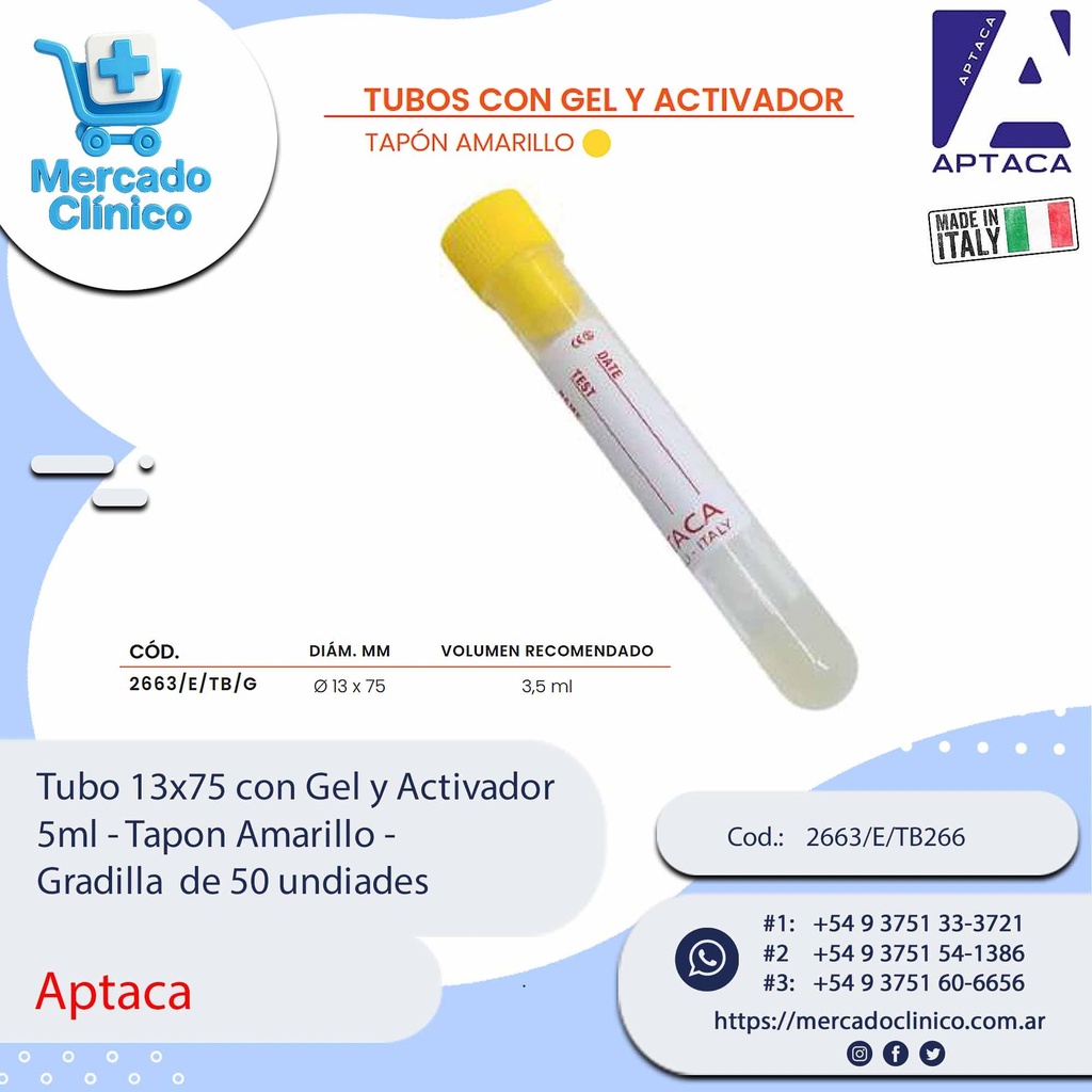 Tubo 13x75 con Gel y Activador  5ml - Tapon Amarillo - Aptaca