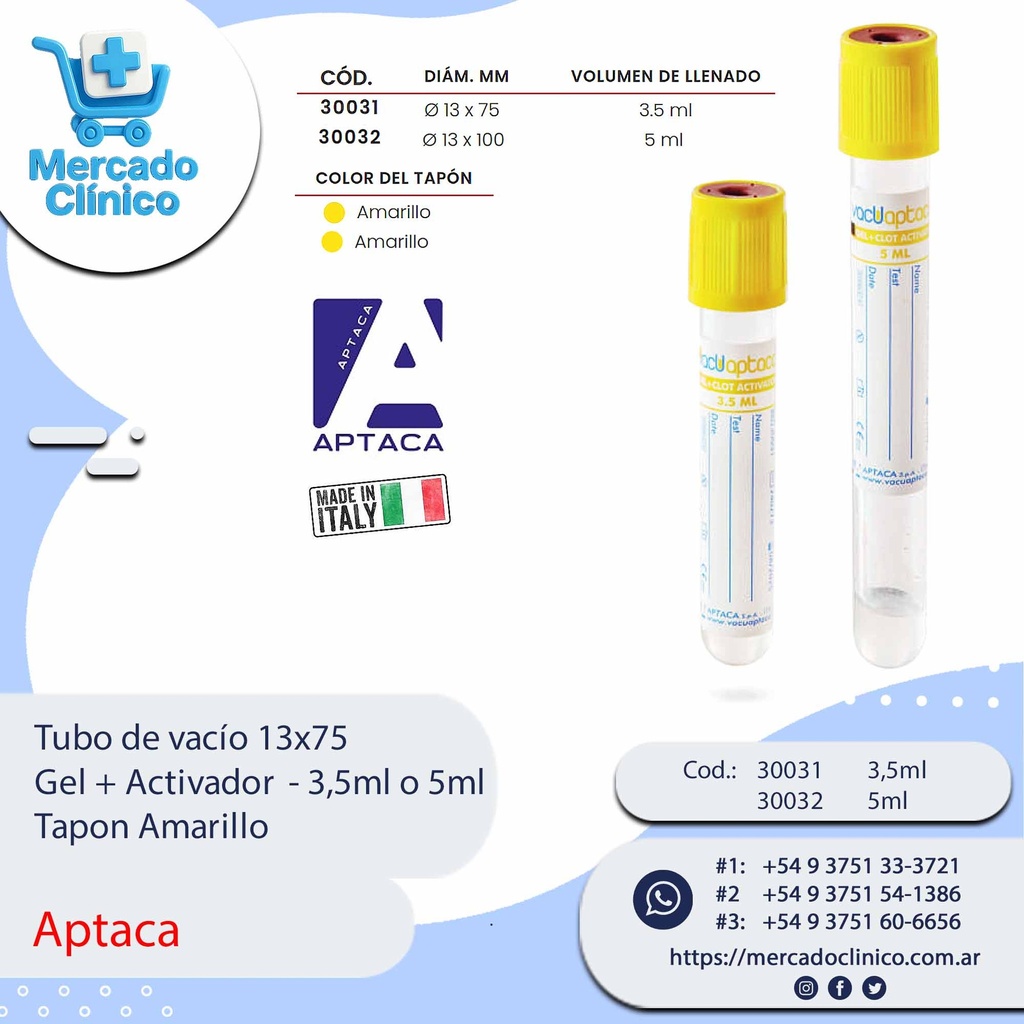 Tubo de vacío 13x75  Gel + Activador - 3,5ml -  Tapon Amarillo - Aptaca
